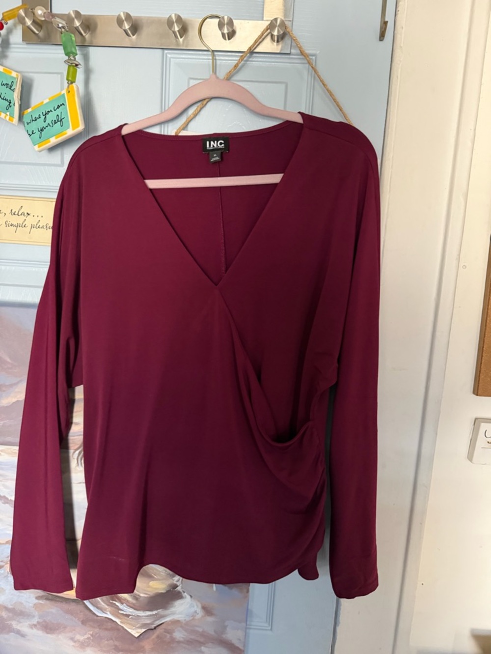 INC International Concepts Burgundy Wrap-Front Long Sleeve Top